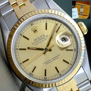 ROLEX MENS DATEJUST WATCH GOLD STEEL CHAMPAGNE INDEX DIAL FLUTED 36MM 16233